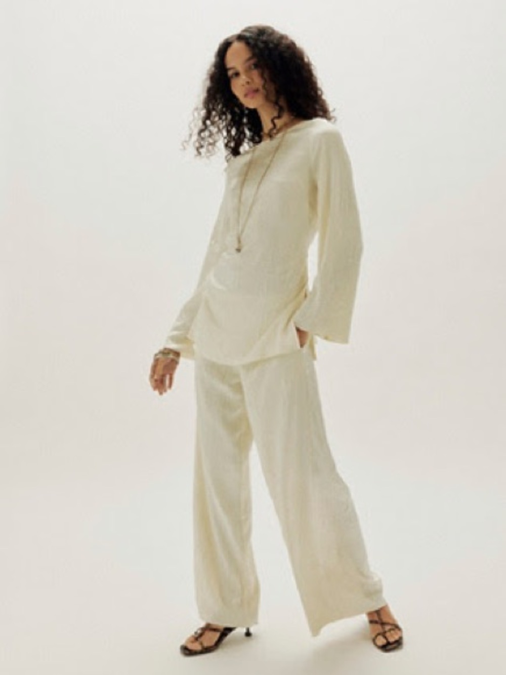 Free People Celeste Pant Set Cream NWT $168 Small Wide Leg Satin Lounge Outfit